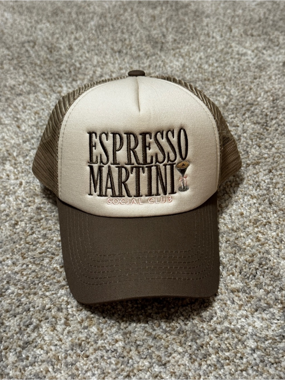 Espresso Martini Social Club Trucker Hat - Cream & Brown with Pink Accents
